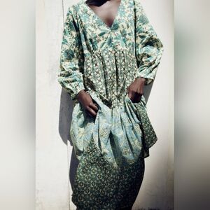 Zara Blue and White Tiered Midi Dress with Bishop Sleeves